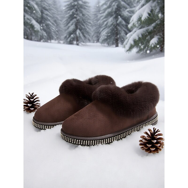 Women's Light Brown Snow Boots with Faux Fur Trim and Rhinestone Sole – Faux Suede Cozy Winter Boots for Home & Winter Outdoor Wear