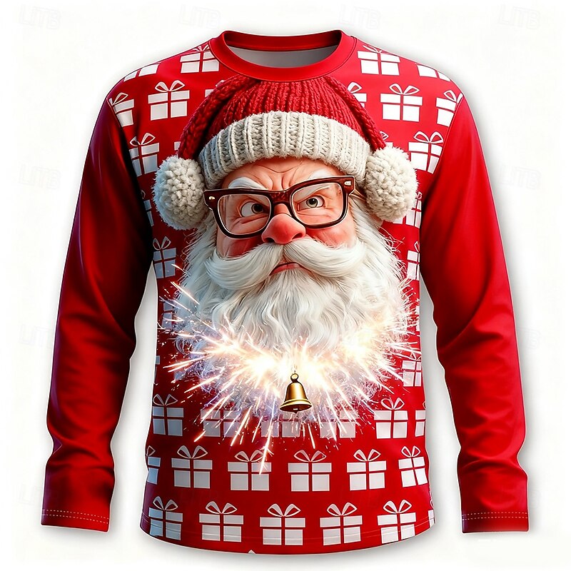 Christmas Men's Santa Claus Funny T Shirt Long Sleeve T shirt 3D Print Crew Neck Shirt Fashion Basic 3D Street Casual Daily Red Red 2 Summer Spring Clothing Apparel S M L XL XXL XXXL2