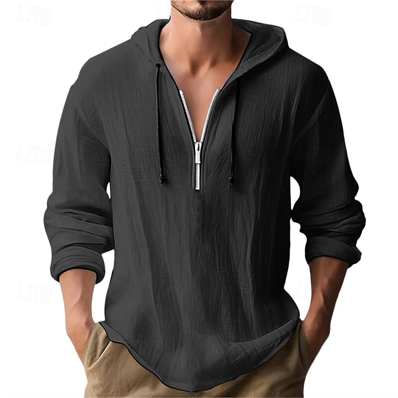 Men's Shirt Summer Shirt Casual Shirt Beach Shirt Black White Navy Blue Sky Blue Brown Long Sleeve Plain Hooded Vacation Hawaiian Half Zip Clothing Apparel Linen Fashion Casual Comfortable2