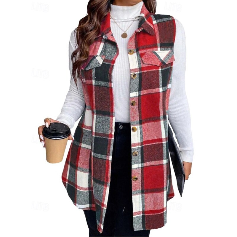 Women's Vest Comfortable Pocket Buttons Casual Plaid Vacation Street Casual Daily Wear Regular Turndown Regular Fit Sleeveless Outerwear Black Red Orange Fall Winter3