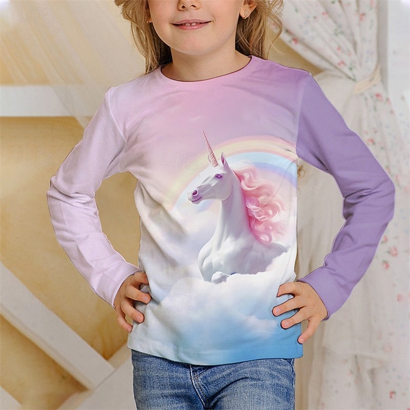 Girls' 3D Unicorn T shirt Tee Long Sleeve Spring Fall Fashion Basic Kids 4-12 Years Crew Neck Outdoor Casual Daily Regular Fit2