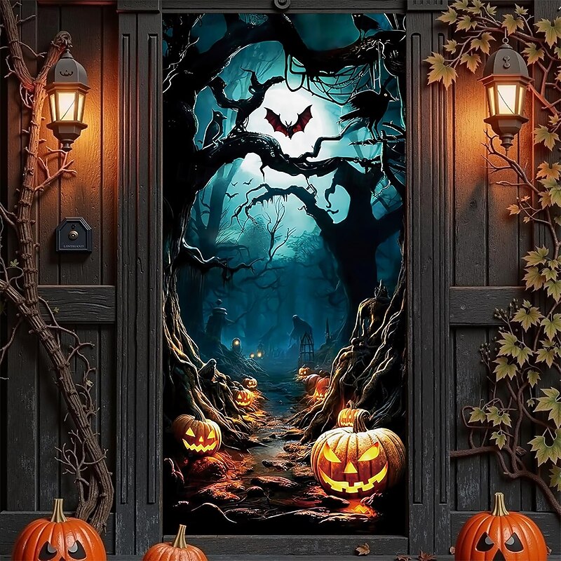 Halloween Tapestry Door Cover Outdoor Banners Pumpkin Cemetery 3D Dark Dark Punk Gothic Style Party Dorm Teens Room College Dorm Guys Man Cave Frat Bedroom Shooting Backgrounds Home Decor