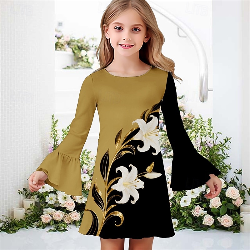 Girls' 3D Flower Dress Ruffle Dress Long Sleeve Summer Spring Vacation Daily Holiday Beautiful Sweet Kids 4-12 Years Casual Dress Knee-length Regular Fit2