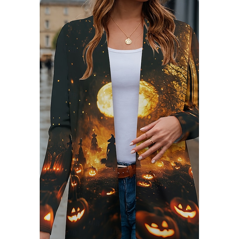 Halloween Women's Coat Lightweight Comfortable Pumpkin Print Vintage Artistic Casual Skull Casual Long Collarless Regular Fit Long Sleeve Outerwear Black White Pink Spring Fall4
