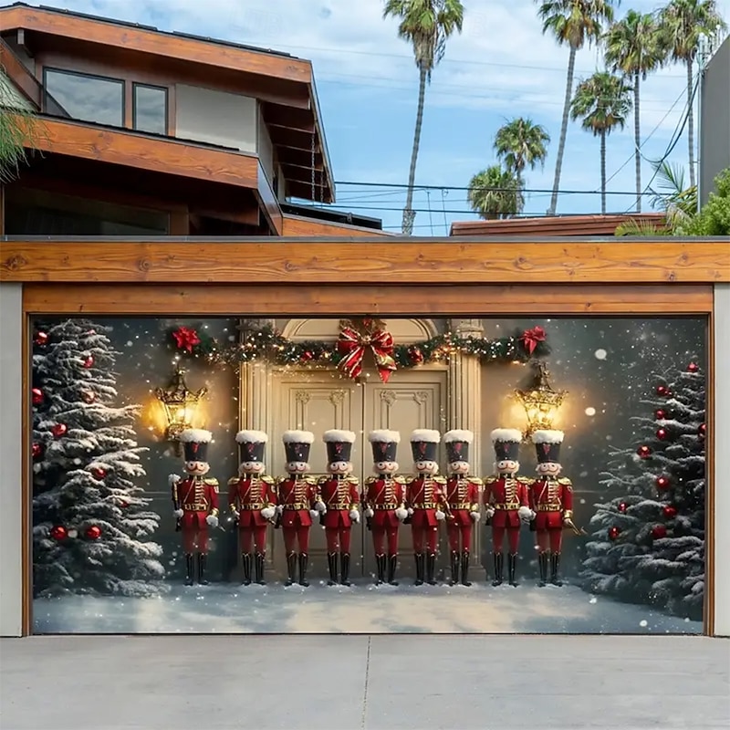 Christmas Tapestry Garage Door Cover Large Hanging Backdrop Gift Walnut Soldiers Cute 3D Party Outdoor Holiday Shooting Backgrounds Yard Home Decor4