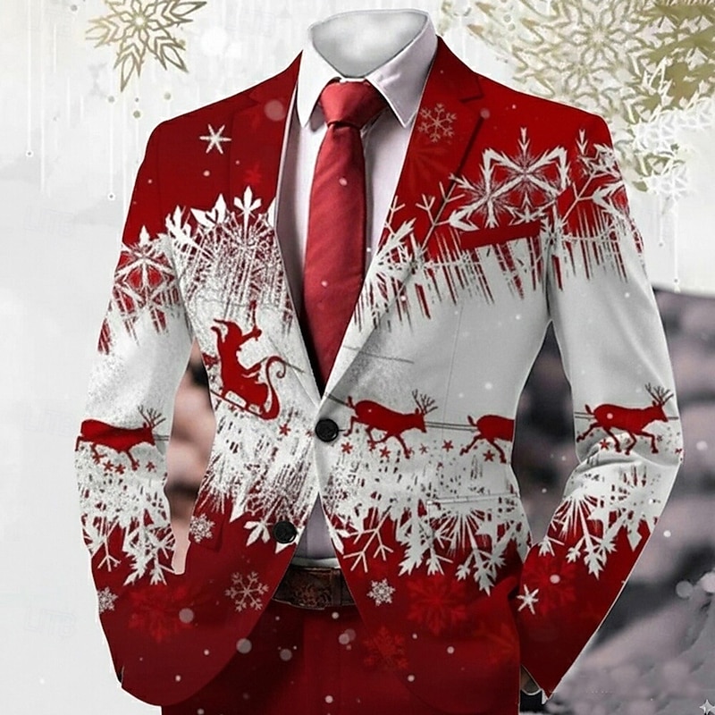Men's Blazer Coat Christmas Outdoor Casual Casual Daily British Fall / Winter 100% Polyester Elk Snowflake 3D Print Buttons Thermal Warm Comfortable Single Breasted Blazer Red Blue Green