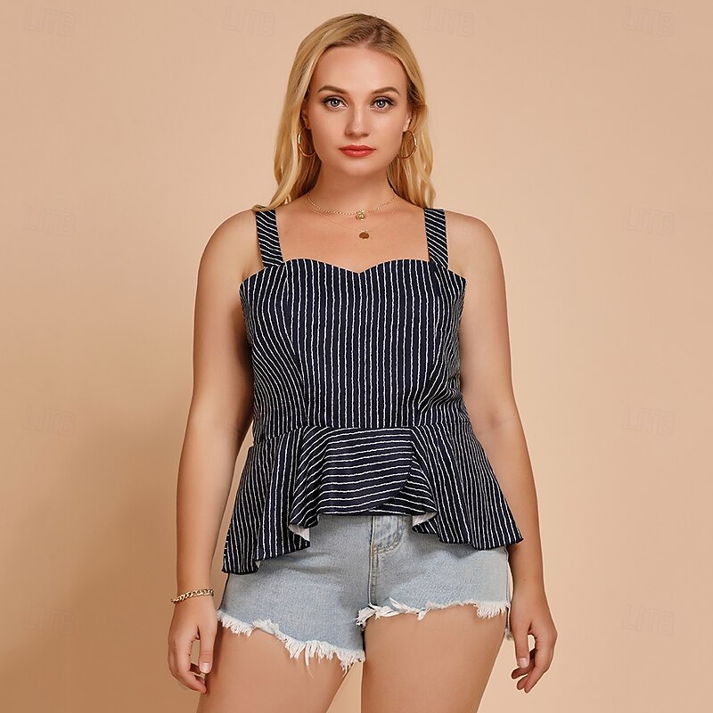 Women's Camisole Tank Top Striped Daily Casual Sleeveless Sleeveless Square Neck Regular Tops Daily Ruffle Blue Summer
