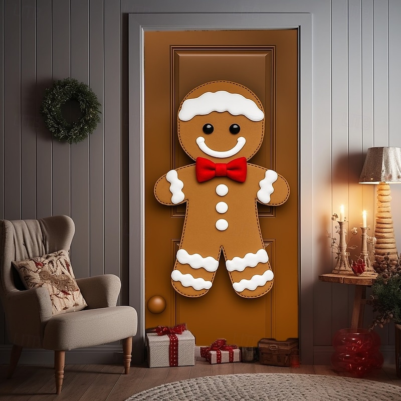 Christmas Door Cover, Gingerbread Man Holiday Door Curtain, 2025 Xmas Festive Front Door Hanging for Party, Porch Entryway Home Decoration