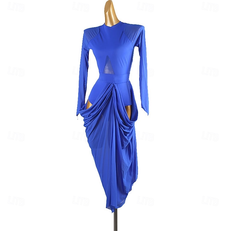 Women's Royal Blue Latin Dance Dress with Long Sleeves, Draped Skirt Detail, and Cut-Out Sides – Ideal for Salsa, Rumba, and Performance Wear3