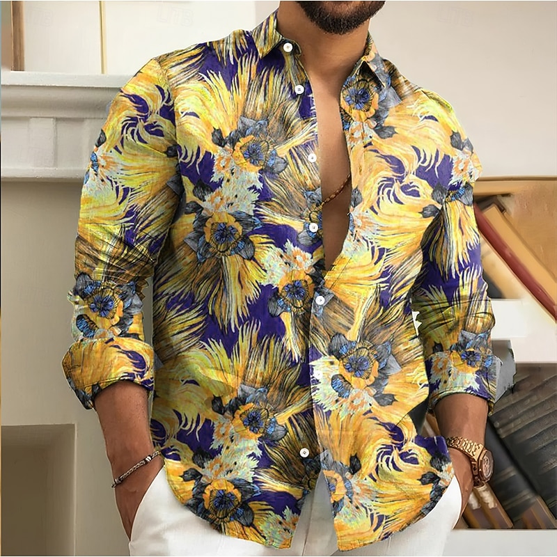 Men's Floral Print Flowers Shirt Button Up Shirt Long Sleeve Fashion Casual Holiday Casual Daily Spring Fall Turndown 3D Print Collared Shirts Yellow Blue Orange3