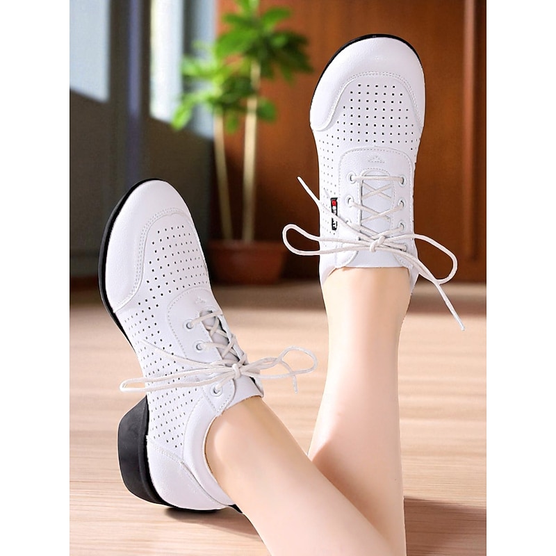 Women's White Leather Lace-Up Dance Shoes - Breathable Professional Jazz Sneakers for Ballroom Practice and Performance2