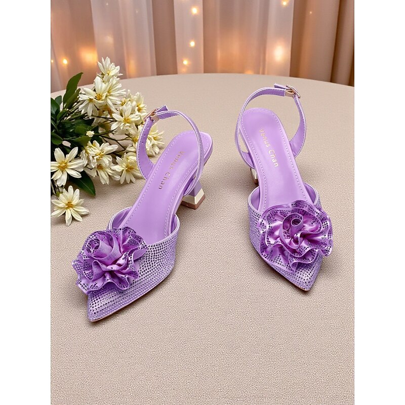 Women's Purple Rhinestone Slingback Heels with Floral Decoration - Elegant Pointed Toe Pumps for Formal Events and Cocktail Parties4