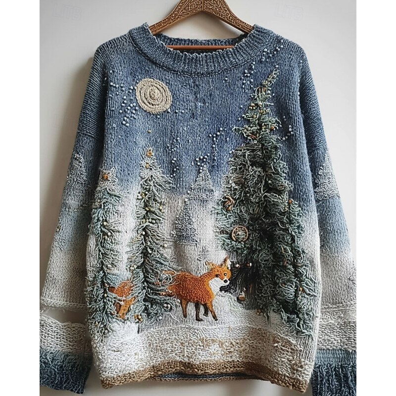 Women's Sweater Vintage Sweater Animal Pullover Daily Casual Graphic Animal Ribbed Crew Neck Knitted Print Long Sleeve Regular Tops Knit Outdoor Weekend Blue Fall Winter