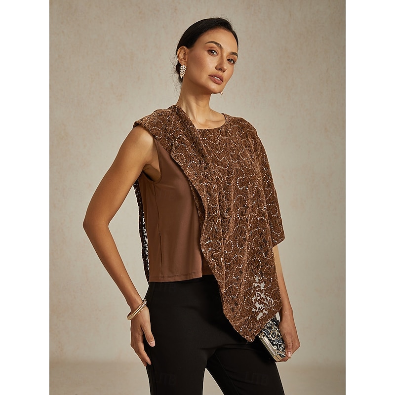 Women's Blouse Poncho Lace Tops Elegant Vintage Crew Neck Regular Tops Wedding Guest Party Evening Wear Evening Party Sequins Illusion Lace Brown Spring Fall4