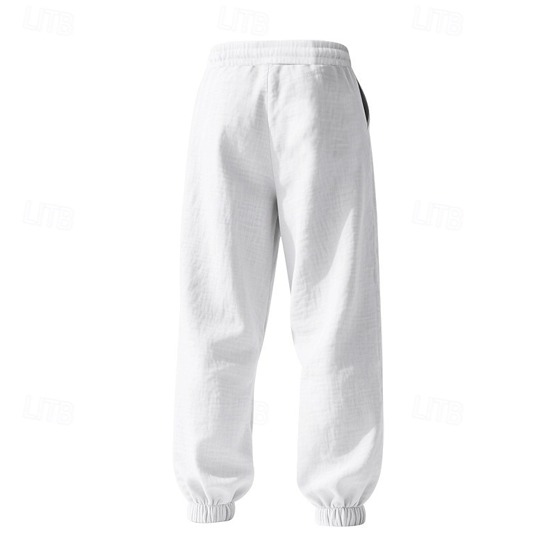 Men's Linen Pants Trousers Summer Pants Beach Pants Drawstring Pocket Elastic Waist Plain Comfort Breathable Vacation Daily Holiday Hawaiian Boho White3