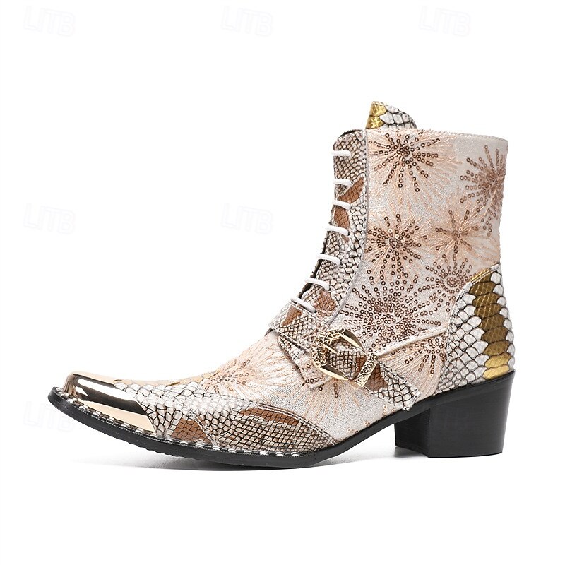 Men's Metallic Snake Print Western Boots with Studded Detailing – Fashionable and Bold Design for Festivals, Parties and Unique Occasions4