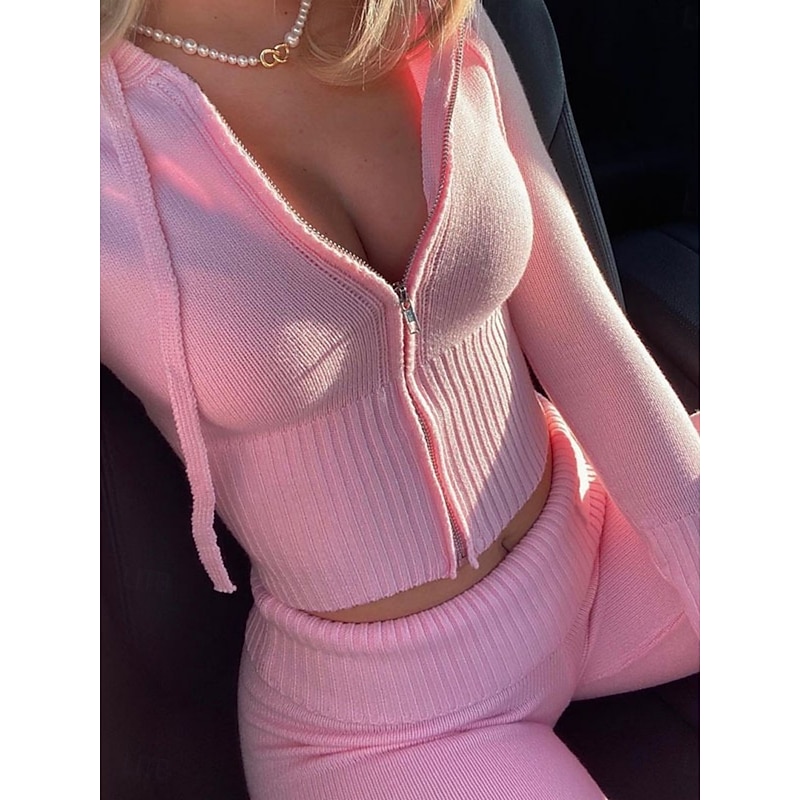 Women's Fashion Streetwear Pants Sets Bolero Top Long Sleeve Hooded Solid Color Zipper Outdoor Work Casual Pink Blue Brown Spring Regular Fit