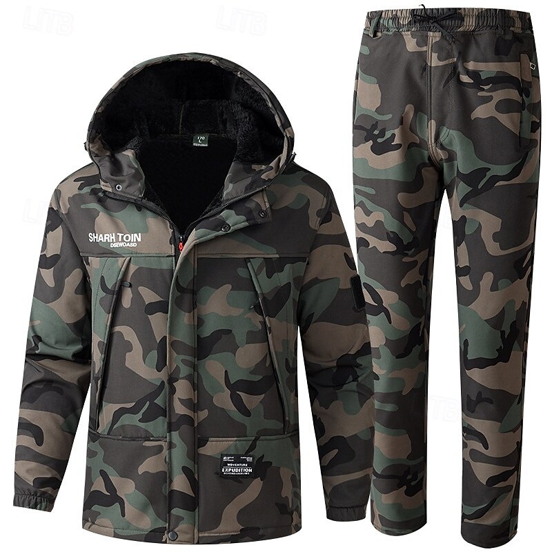 Men's Hiking Jacket Fleece Jacket Puffer Jacket Thermal Set Winter Outdoor Camo Thermal Warm Waterproof Windproof Top Black Green2