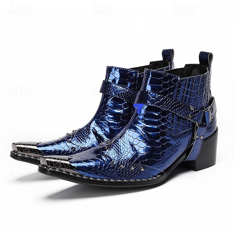 Men's Premium Cowhide Blue Croc Pattern Leather Chelsea Boots, Stylish Harley Motorcycle Boots for Rock Concerts, Parties, Nightclub Fashion and Stage Wear2