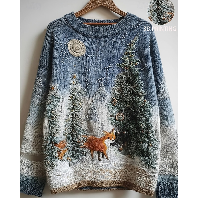 Women's Sweater Vintage Sweater Animal Pullover Daily Casual Graphic Animal Ribbed Crew Neck Knitted Print Long Sleeve Regular Tops Knit Outdoor Weekend Blue Fall Winter3