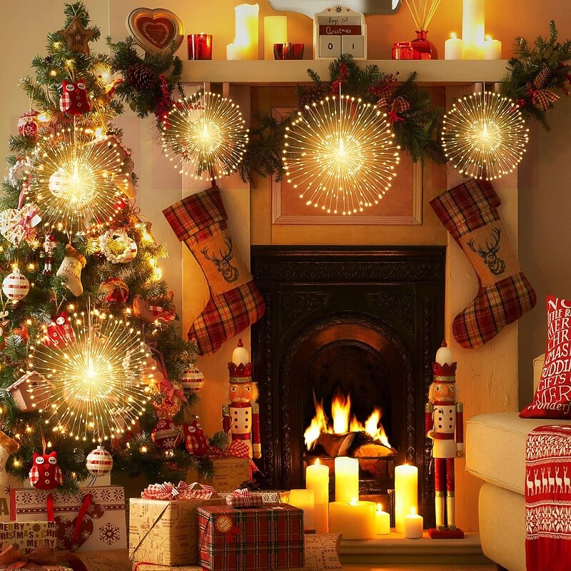 8pcs Firework Lights Christmas Decorations Starburst Total 800LEDs Copper Wire Fairy Twinkle Lights Plug in String Lights Remote Control 8 Modes Waterproof Starburst Lights for Christmas Birthday Bedroom Corridor Patio Wedding