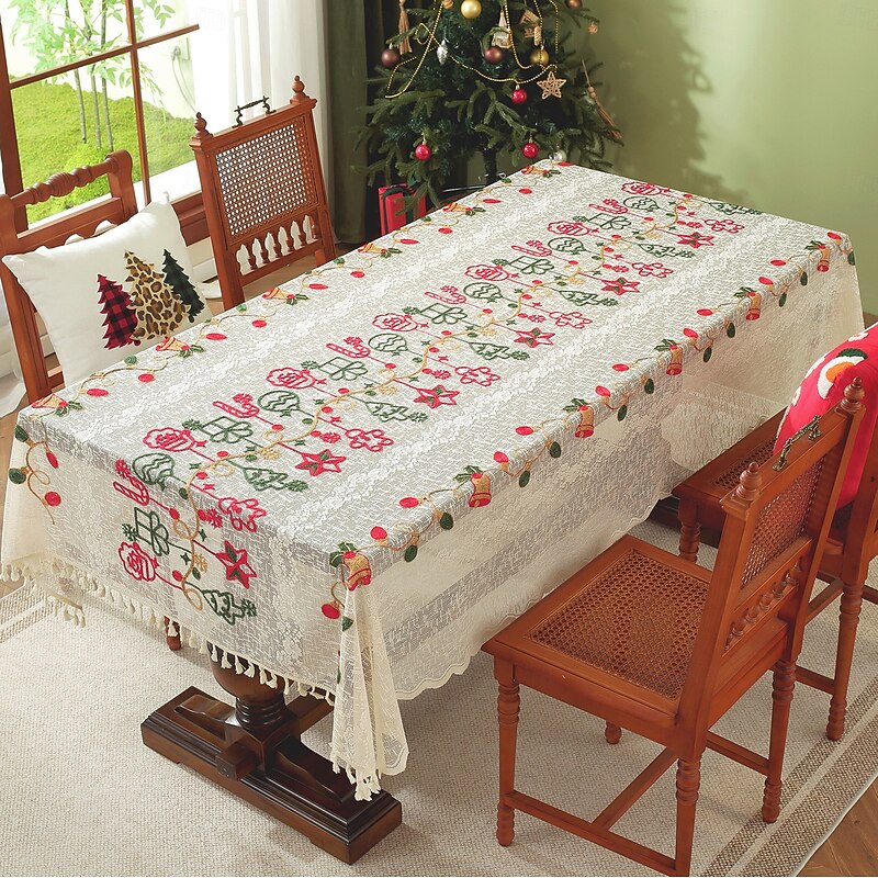 American European Style Christmas Tablecloth, Embroidered Holiday Table Cover for Party, Dining Table, and Coffee Table Decoration3