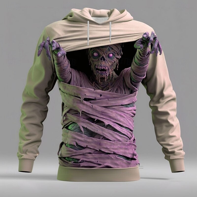Halloween Men's Optical Illusion Zombies 3D Hoodie Sweatshirt Punk Exaggerated Crew Neck Club Streetwear Pink Blue Drawstring Fall Winter Designer3