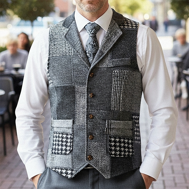 Men's Vest Waistcoat Gilet Vacation Party Business Fashion Casual Spring Fall Pocket Buttons Polyester Comfortable Plaid Single Breasted One-button Lapel Regular Fit Wine Blue Gray Vest