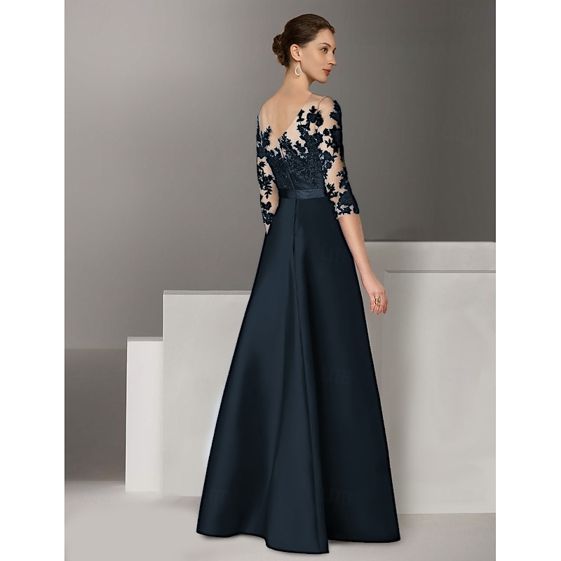 A-Line Mother of the Bride Evening Gown Elegant Dress Wedding Guest Sweep / Brush Train Long Sleeve Scoop Neck Stretch Satin with Appliques2