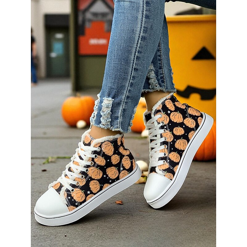 Women's Halloween Pumpkin High Top Sneakers – Casual Canvas Lace-Up Shoes with Festive Print for Autumn, Costume Party and Everyday Wear3