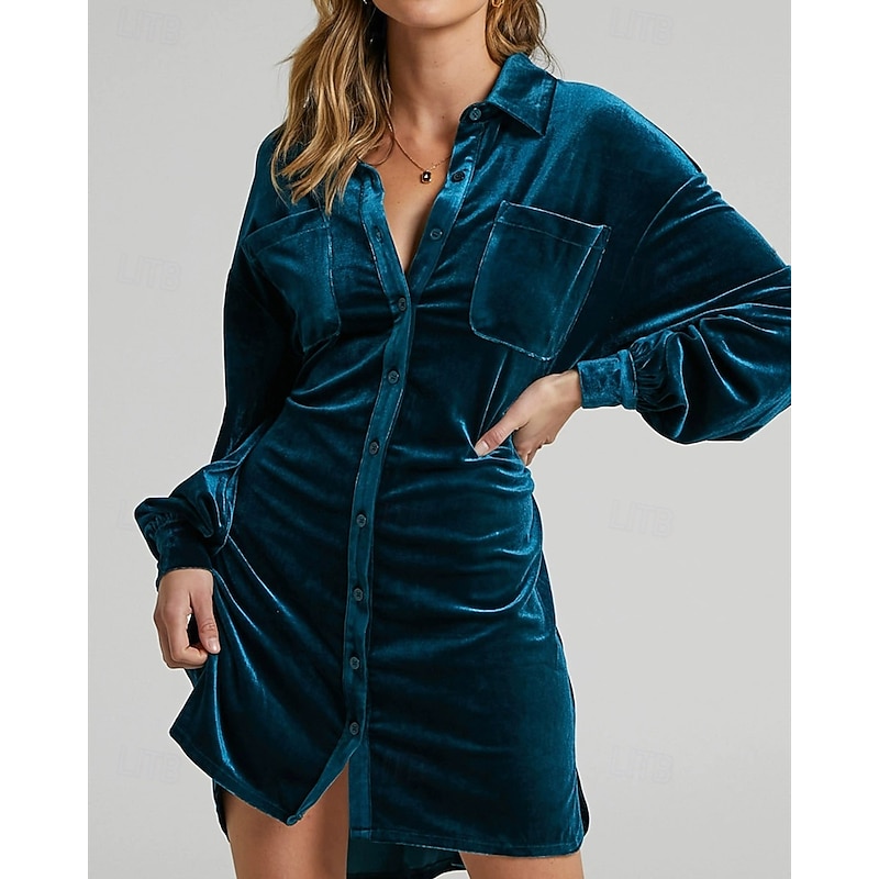 Women's Midi Dress Velvet Dress Cocktail Dress Fashion Classic Modern Outdoor Evening Party Holiday Regular Fit Plain Long Sleeve Shirt Collar Purple Brown Green Summer2
