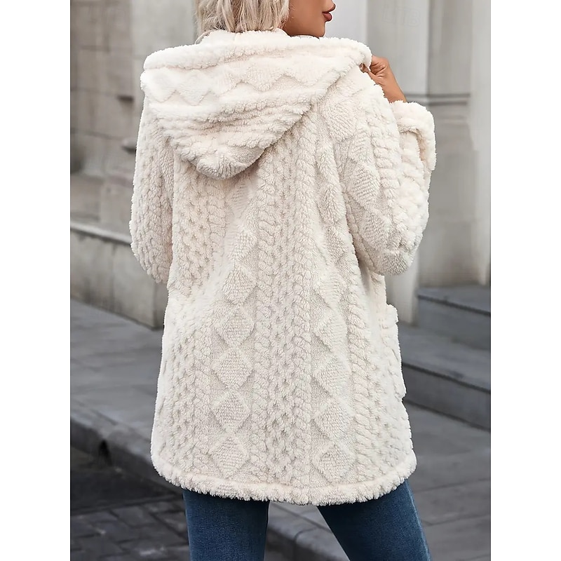 Women's Sherpa Jacket Comfortable Breathable Jacquard Buttons Elegant Casual Plain Vacation Street Casual Daily Wear Single Breasted Long Hooded Regular Fit Long Sleeve Outerwear Beige Spring Fall2