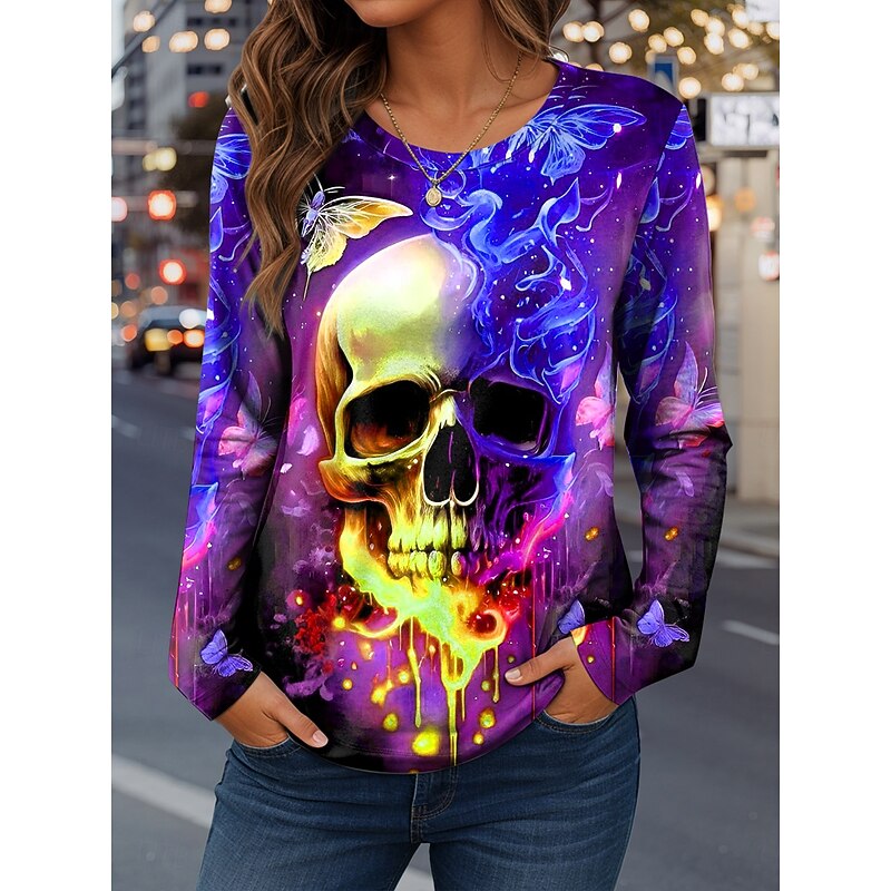 Halloween Women's T Shirt Skulls Graphic Fashion Casual Long Sleeve Crew Neck Regular Tops Daily Weekend Print Red Blue Purple Green Spring Fall Winter2