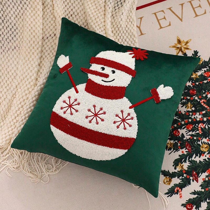 Christmas Snowman Embroidered Throw Pillow, Holiday Decorative Cushion Cover for Sofa Couch Bed4