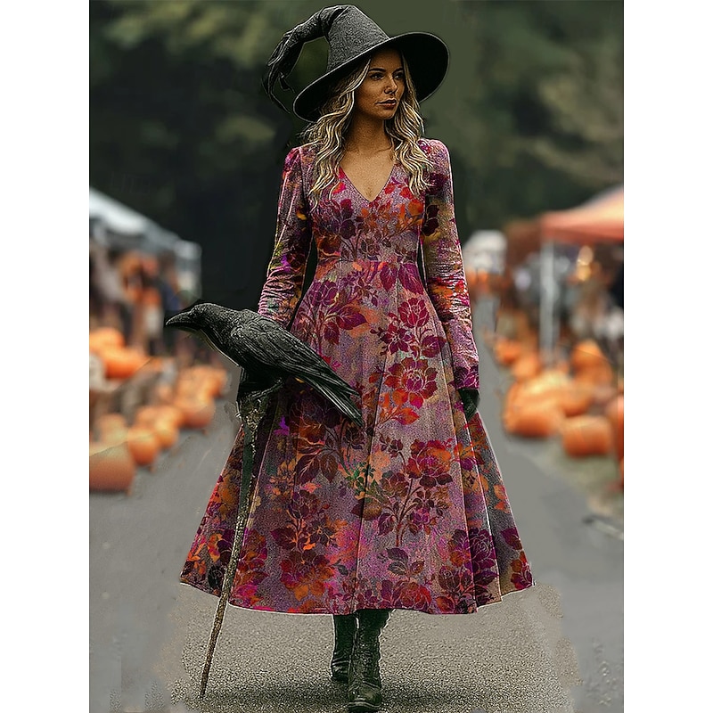 Halloween Women's Witch Print Maxi Dress A Line Dress Vacation Casual Boho Beach Regular Fit Floral Graphic Long Sleeve V Neck Red Blue Purple Orange Spring Fall4