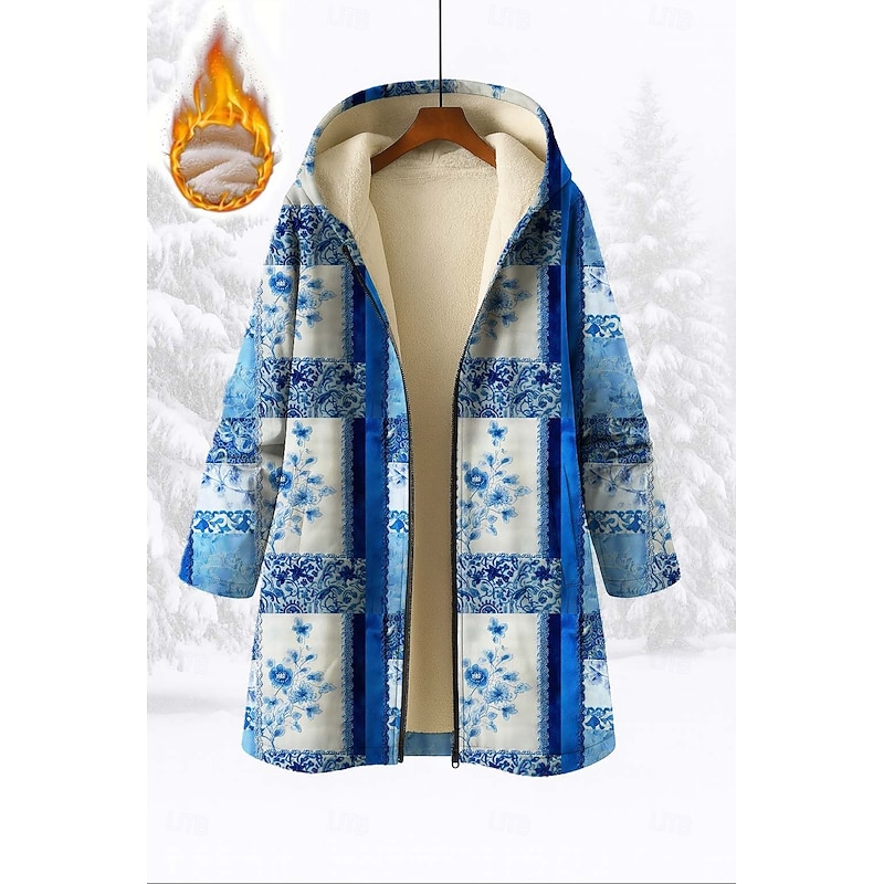 Women's Zip Up Hoodies Floral Graphic Geometric Warm Active Vintage Long Sleeve Hooded Long Tops Home Work Street Patchwork Print Blue Spring Fall Winter