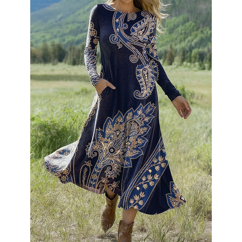 Women's Midi Dress A Line Dress Fit And Flare Dress Vacation Casual Daily Regular Fit Graphic Geometric Long Sleeve Crew Neck Black Blue Orange Spring Fall Winter2