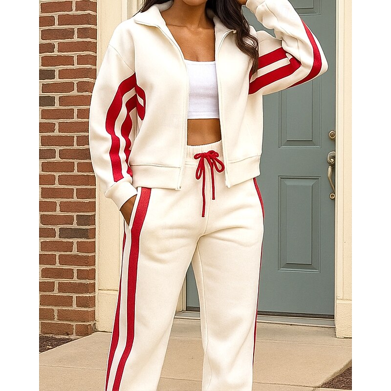Christmas Women's Zip Up Sweatshirt 2 Piece Tracksuit Sweatsuit Sets Baggy with Pocket Stripes Clothing Suit Fall Black White Spandex Hiking Vocation Outdoor Long Sleeve Sport Activewear Micro-elastic3