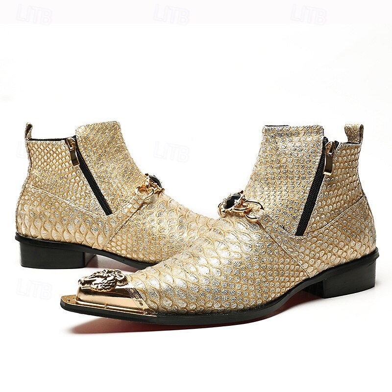 Men's Gold Geometric Western Boots with Studded Accents – Unique Footwear for Trendy Occasions, Fashion Events and Special Celebrations4