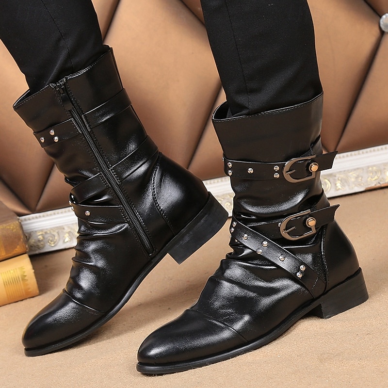 Black Faux Leather Men's Lace-Up Boots with Metal Straps and Fashion-Forward Design – Great for Trendsetters, Motorcycle Enthusiasts, Street Style and Punk Rock Fashion2