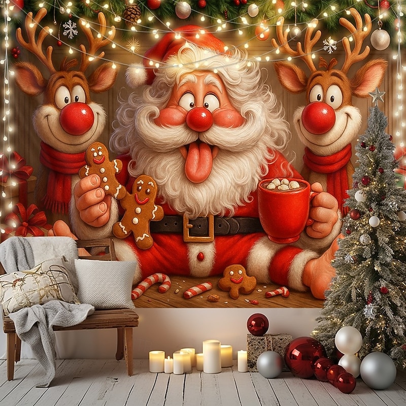 Christmas Wall Tapestry Backdrop, Jolly Santa Claus with Reindeer Wall Hanging, 2025 Xmas Festive Holiday Wall Decor for Bedroom, Living Room, Party and Outdoor2