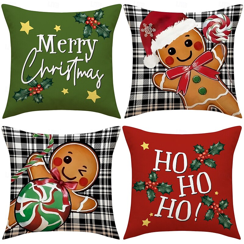 2025 New Gingerbread Man Christmas Pillow Covers, Linen Printed Decorative Cushions, Festive Holiday Throw Pillows for Sofa & Home Decor