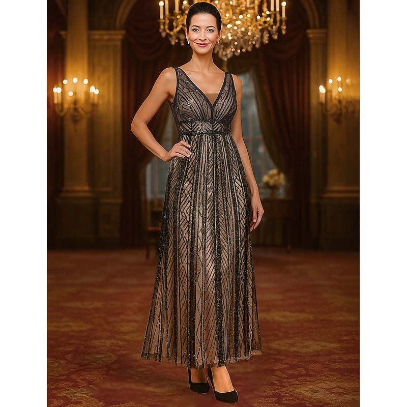 A-Line Mother of the Bride Dress Elegant Vintage Sparkle & Shine V Neck Ankle Length Tulle Sleeveless with Beading