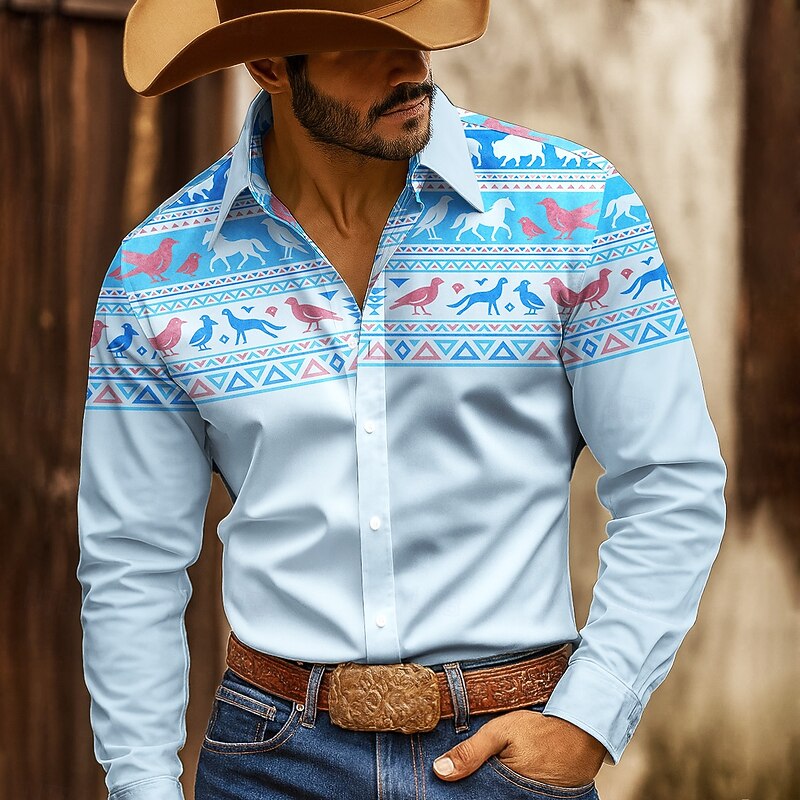 Men's Geometric Indian Culture Navajo Pattern Shirt Western Shirt Button Up Shirt Long Sleeve Vintage Retro Outdoor Casual WorkWear Spring Fall Turndown 3D Print Collared Shirts Dark Red Blue Green3