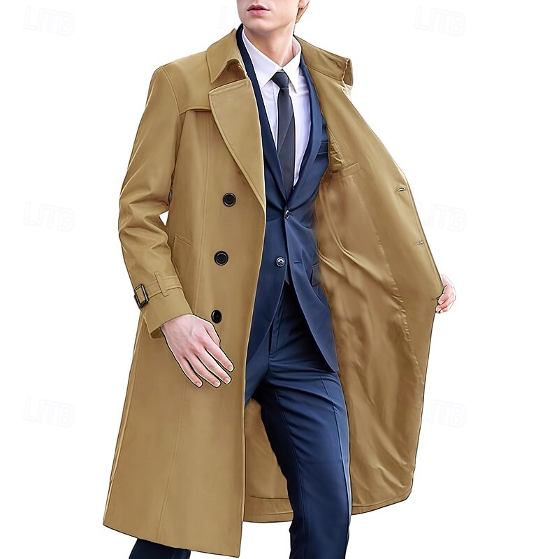 Men Overcoat Peacoat Long Trench Coat Trench Coat Formal Casual Fall Winter Polyester Outerwear Clothing Apparel Classic Plain2