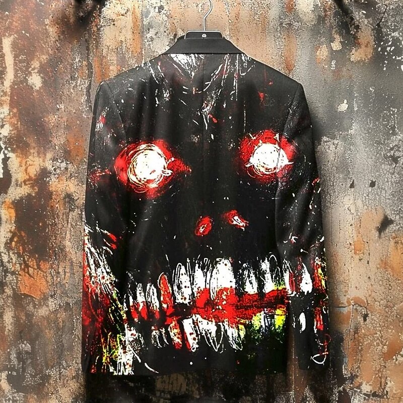 Men's Blazer Coat Halloween Street Casual Casual Daily Fall / Winter All Seasons 100% Polyester Cool Skulls 3D Print Buttons Thermal Warm Comfortable Single Breasted Blazer Black2