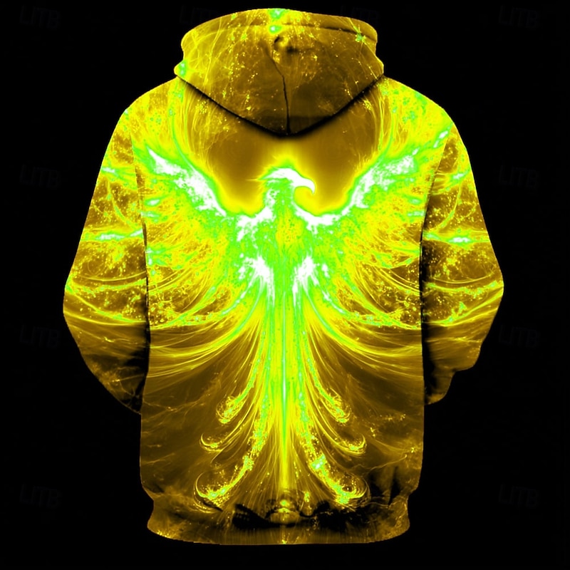 Men's 3D Flame Phoenix Hoodie Sweatshirt Cool Party Crew Neck Club Streetwear Yellow Orange Drawstring Fall Winter Designer3