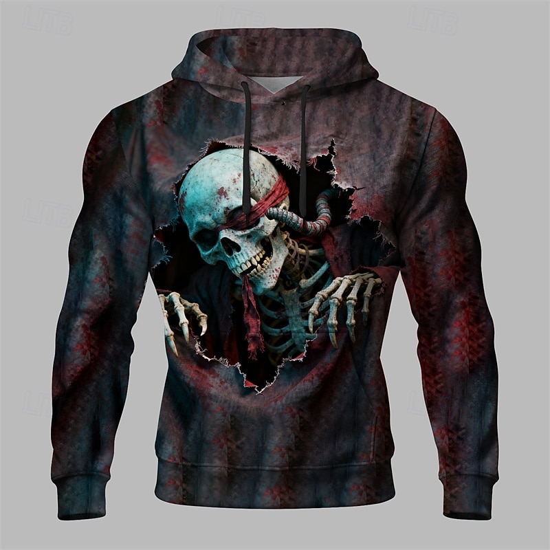 Halloween Men's Skull Hoodie Fashion Daily Hooded Vacation Party Streetwear Burgundy Drawstring Printing Fall Winter Designer