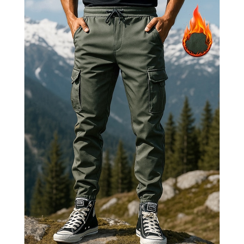 Men's Cargo Pants Hiking Pants Trousers Thermal Pants Winter Outdoor Regular Fit Thermal Warm Bottoms Pocket Elastic Waist Black Army Green Camping / Hiking Running S M L XL XXL