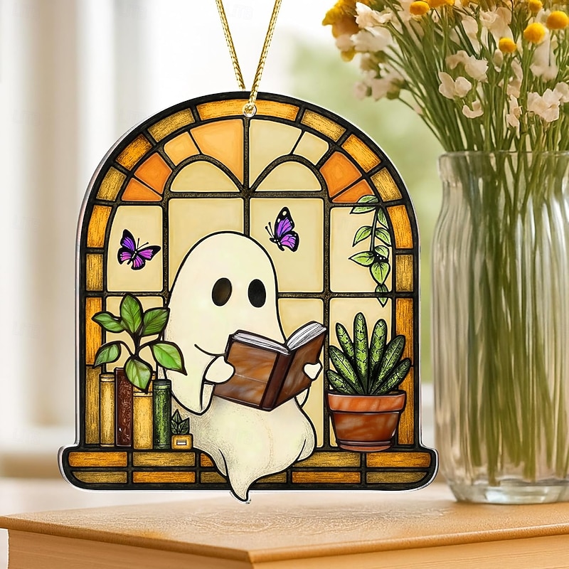 Halloween Faux Stained Glass Ghost Ornaments Acrylic, Halloween Decor Cute Suncatcher, Cute Ghost Gift For Book Lovers, Gothic Fall Decor For Window, Halloween Gifts for Women